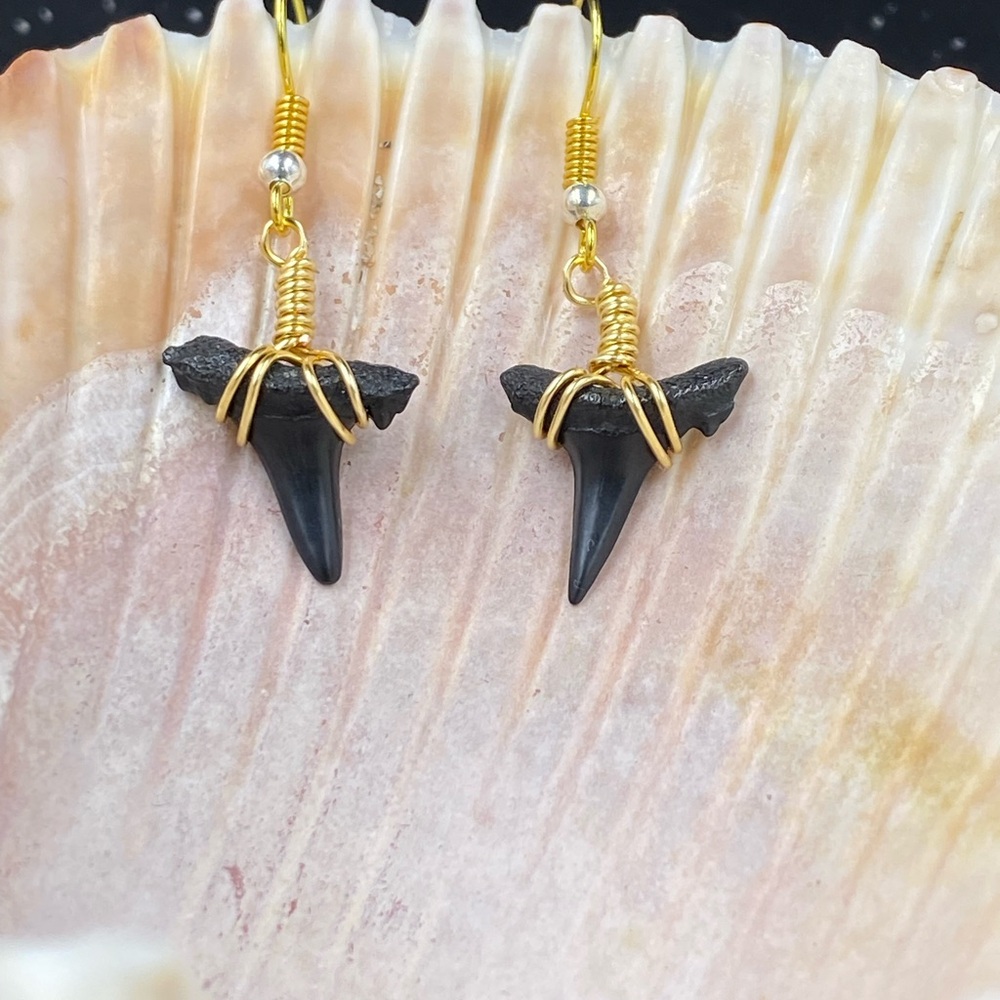 Gold and Black Shark Tooth Dangle Earrings